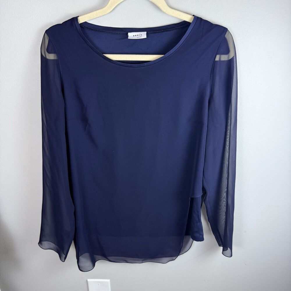 AKRIS PUNTO Dress Blouse 8 Navy Blue See Through Chiffon Asymmetrical Solid Top
